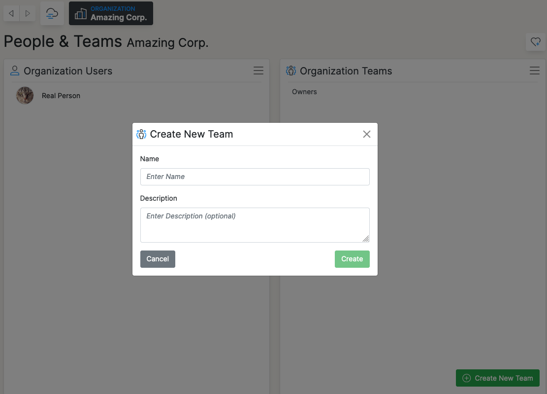 Screenshot showing the People and Teams page with the Create New Team form open