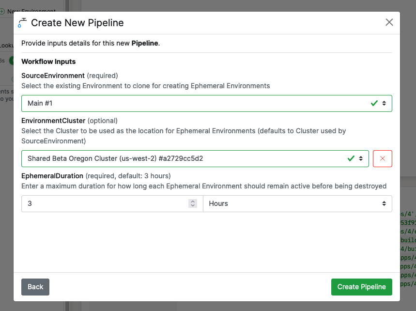 Screenshot showing the create Pipeline form.