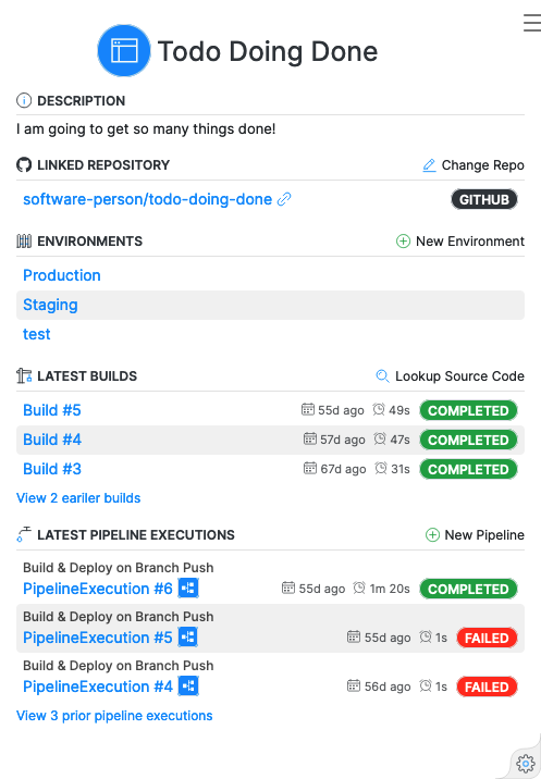 Screenshot of Application overview panel, including button to create new Pipeline.