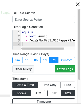 Screenshot showing Log filter menu with Logic query applied to Log view.