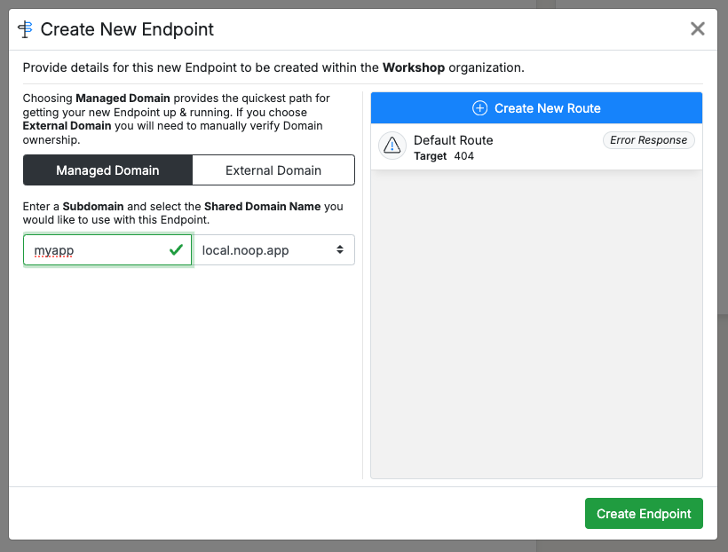 Create endpoint form filled in with required config