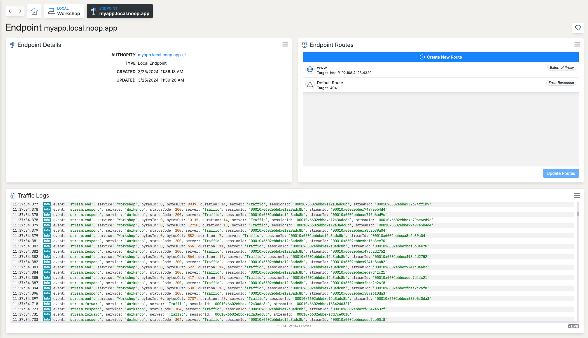 Dashboard showing Endpoint configuration and Traffic