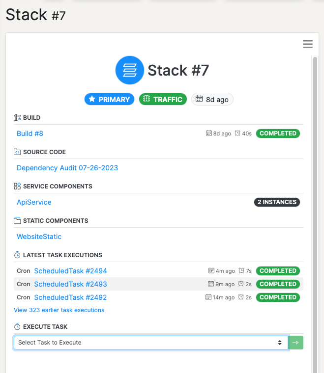 Screenshot showing the panel on the Stack page which includes the "Execute Task" section