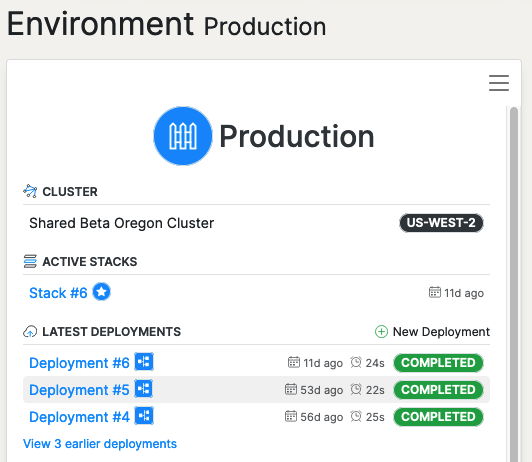 Screenshot showing the Environment overview panel including the new Deployment button