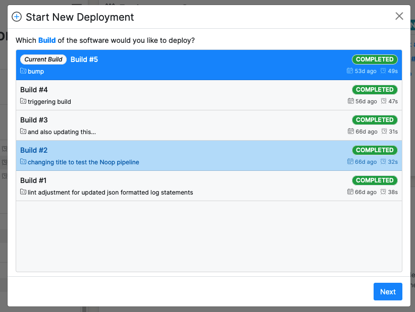 Screenshot showing the Build selection modal.