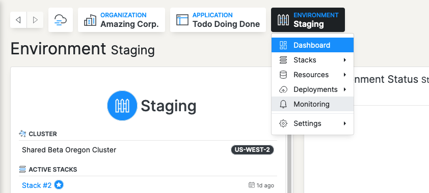 Screenshot of Environment dashboard menu indicating link to Monitoring page