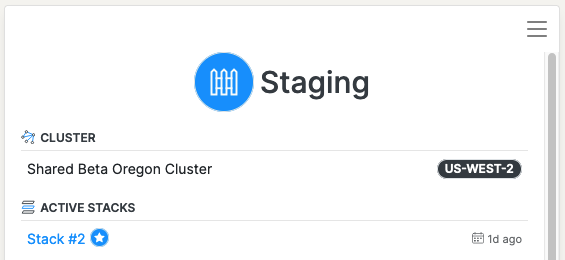 Screenshot of Environment page summary showing active Stacks.