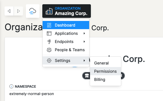 Screenshot showing how to access the Permissions settings for an Organization