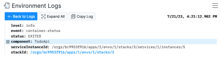 Screenshot showing log filtering by Component name property.